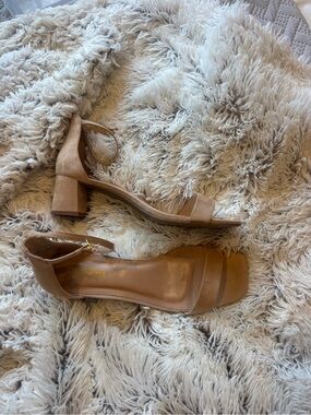 Strappy Tan Block Heel Sandals with Ankle Strap
